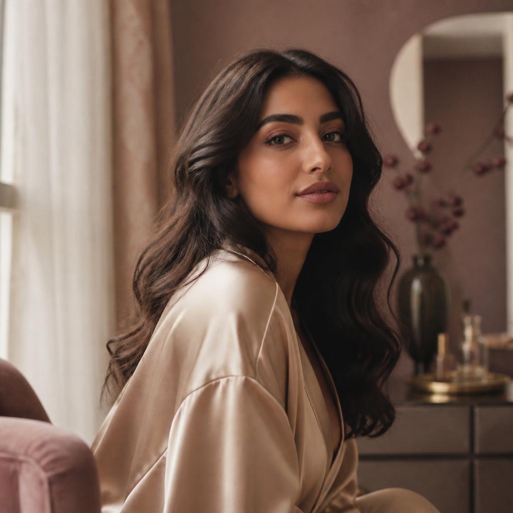 امرأة أنيقة تستمتع بتجربة تجميل منزلية دافئة